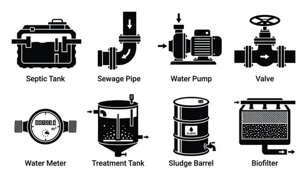 Water management icons septic tank sewage pipe water pump valve water meter treatment tank sludge barrel.