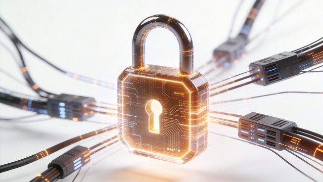 Cybersecurity digital lock and network connection on white background