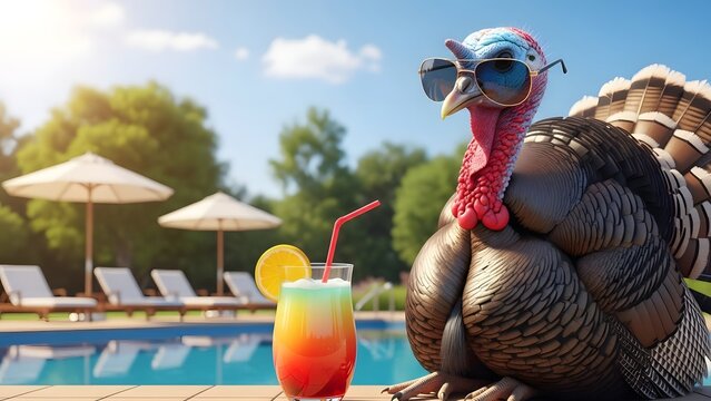 Cool turkey wearing sunglasses poolside with a tropical drink on a summer day