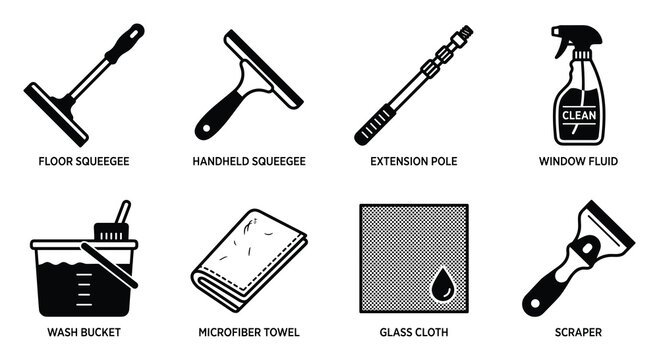Window cleaning equipment icon set, tools for spotless glass surfaces.
