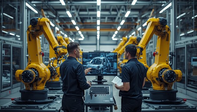 Engineers Monitoring Robotic Car Assembly Line