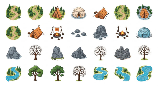 Isometric camping icons set, outdoor adventure nature elements collection, 28 vector illustrations of tents mountains and forest landscapes