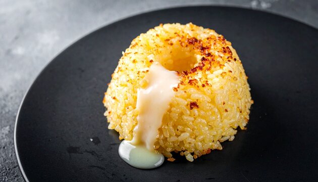 Steamed rice cake ring. Savory cuscuz dish topped with creamy white sauce and aromatic herbs.