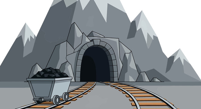 Cartoon illustration of a mine cart filled with coal on tracks leading into a mountain tunnel