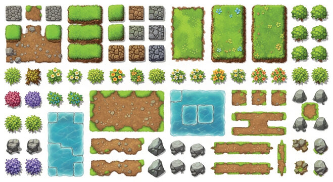 Top-down 2D game assets set, pixel art style nature environment tiles, green grass and blue water textures for level design, vector map elements