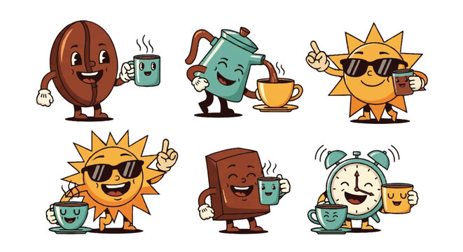 Cartoon coffee bean teapot sun chocolate and alarm clock characters with coffee cups