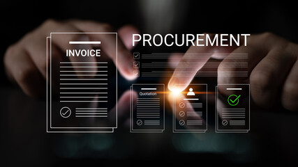 Naklejka premium Close-up view of hands interacting with a digital procurement interface, showcasing an invoice, quotation, and verification process in a modern business environment. Cyphers