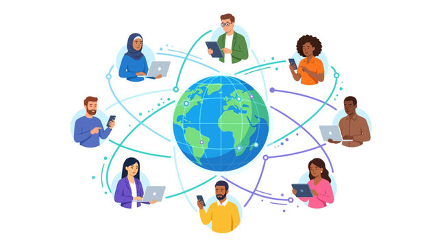 Stylized vector art celebrating World Telecommunication Day, showing diverse people using online communication technology and internet networks around a globe with vibrant colors