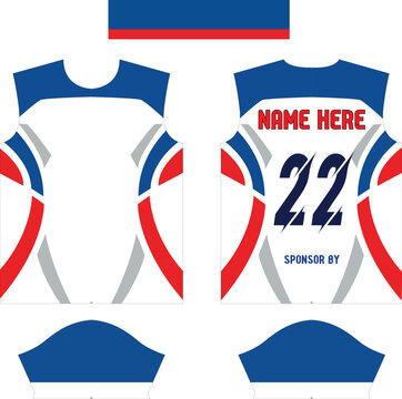 Sublimation jersey design template, athletic sports uniform vector with blue and red accents, professional team apparel mockup with number 22