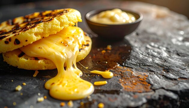 Cheesy Venezuelan Arepa. Traditional corn cake filled with melting yellow cheese. Authentic Latin American street food snack for gourmet food photography and ads.