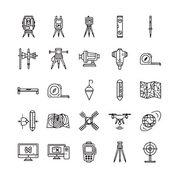 Surveying instruments and equipment icons with clean lines on white background