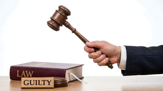Justice hand holding wooden gavel with law book and guilty sign on courthouse desk scene.
