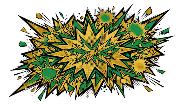 Grunge Dot Gold and Green Pop Art Crash Vector featuring Chaotic Multi-Layer Design
