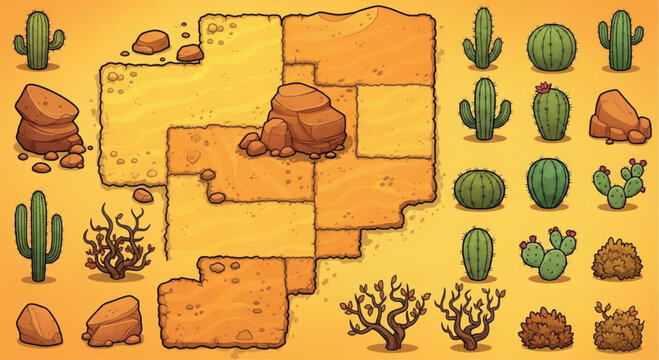 Desert game assets vector set, cartoon cactus and rock elements for level design, sandy terrain tiles and dry bushes for mobile gaming interface