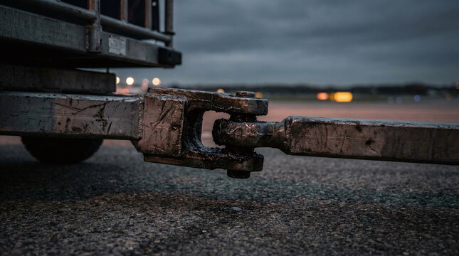 Close-up of a heavy-duty industrial metal tow hitch and coupling mechanism on an asphalt surface at dusk with blurred airport lights in the background