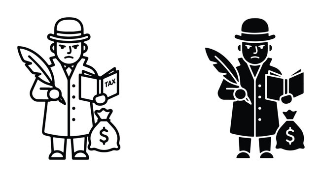 Two-tone vector icons set featuring man in vintage attire reading a book and holding a feather pen one black and white