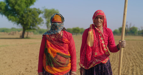 Naklejka premium Indian mature old aged two lady woman wear saree cover head look camera day rural area. Happy worker female hold farm rake in hand staring cam do pose enjoy desi life village ground place