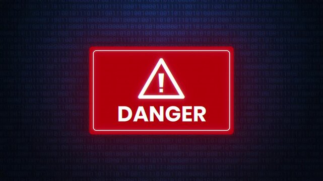 4K Cyber Security Danger Alert Animation with Flickering Binary Data Code and Glowing Red Warning Sign