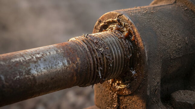 Heavy duty industrial threaded rod with thick lubricant grease and rust on a weathered machine part