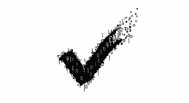 Digital check mark dissolving into binary code, representing data processing and approval.