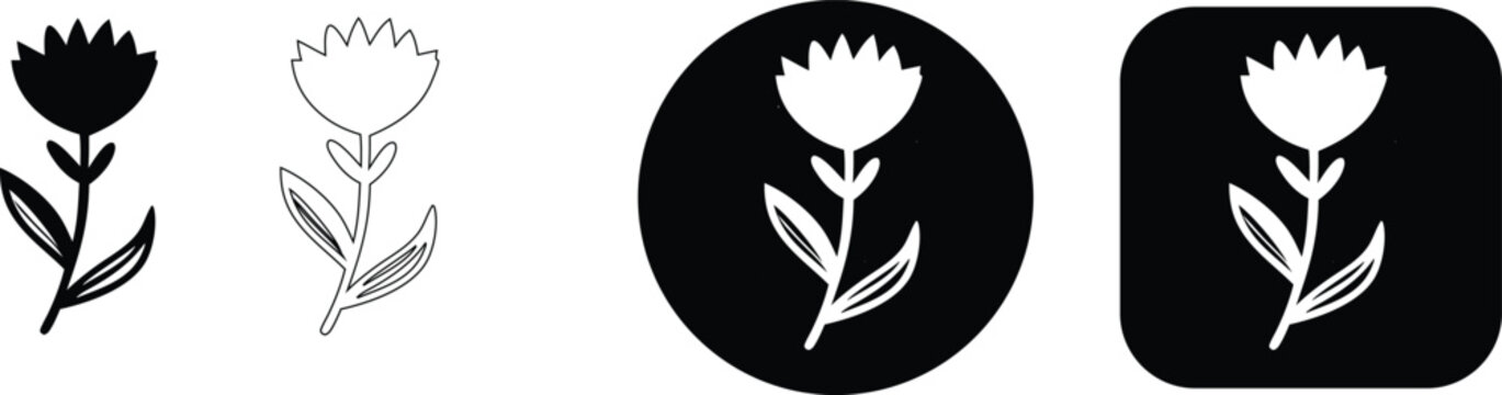 Group of simple flower in black and white, featuring solid, outline, circular, and rounded square variations