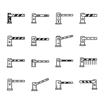 Collection of barrier gate icons in monochrome line art style for access control systems
