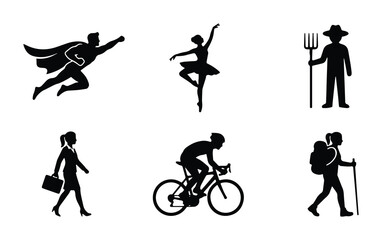 Superhero ballerina farmer businesswoman cyclist hiker silhouette set on white background © Arifur