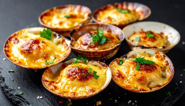 Ostiones a la parmesana. Chilean baked scallops served in shells with melted cheese.