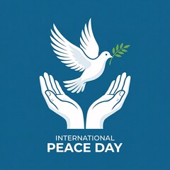 Fototapeta premium International peace day symbol with dove and hands on blue background