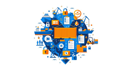 Fototapeta premium Global Logistics and Supply Chain Management Flat Illustration featuring Cargo Ships, Containers, Cranes, and Security Icons for International Trade and Transportation