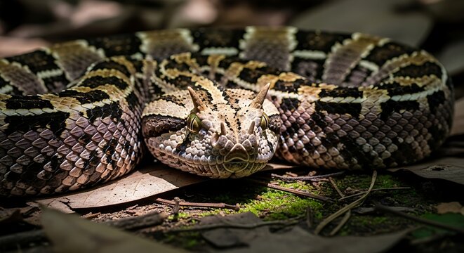 Camouflaged Timber Rattlesnake coiled in natural habitat, ready.