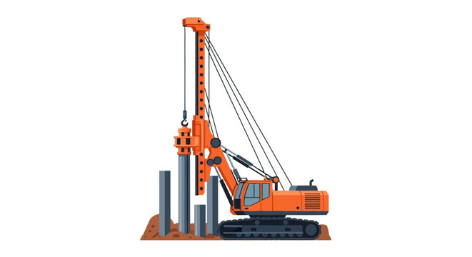 Orange Hydraulic Pile Driver Rig for Foundation Construction, Industrial Heavy Drilling Machine Vector Illustration Isolated on White Background