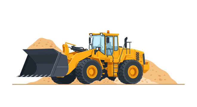 Yellow Wheel Loader Vector Illustration, Heavy Construction Machinery, Industrial Earthmoving Front End Loader with Sand Pile Isolated on White Background