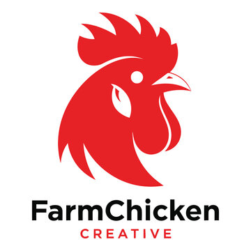 Red rooster logo with farm chicken creative text on white background icon