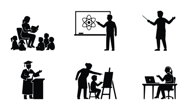 a collection of educational silhouettes including teacher and student figures graduation cap lecture podium art easel
