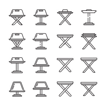 Various folding tables and stools in a clean line art style on a white background