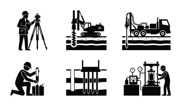 Construction and Engineering Icons: Surveying, Drilling, Piling, Testing Equipment, and Heavy Machinery for Civil Works Projects