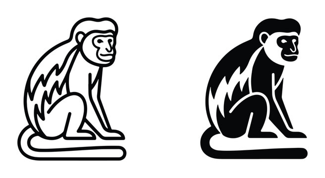 black and white vector illustration of two monkeys sitting down with detailed features