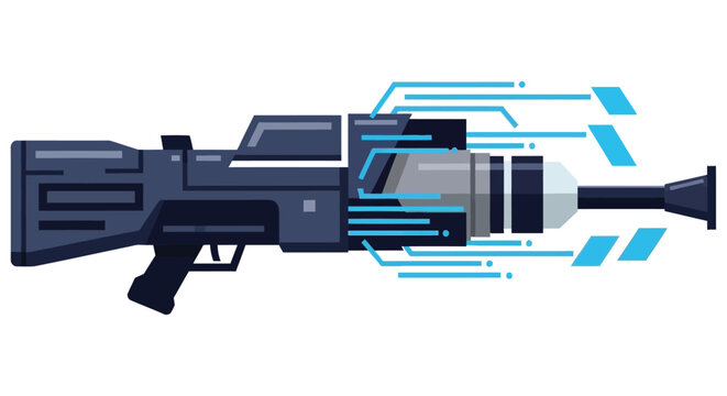 Futuristic ray gun with glowing blue energy trails isolated on a white background