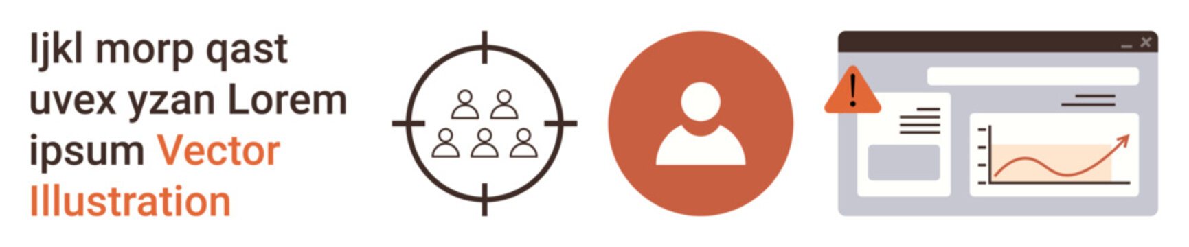 Digital marketing, data security, analytics tools, online monitoring, user targeting, risk management. Icons include a group in a target, a user symbol and a graph with alert. Digital marketing