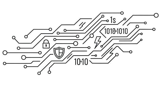 Abstract circuit board design with security icons and binary code elements