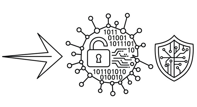 Cybersecurity concept a virus approaching a shield with a digital lock