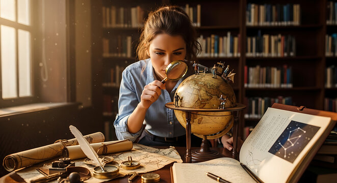 woman using magnifying glass to examine globe in library