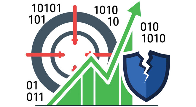 Cybersecurity growth with target and broken shield representing data protection risks