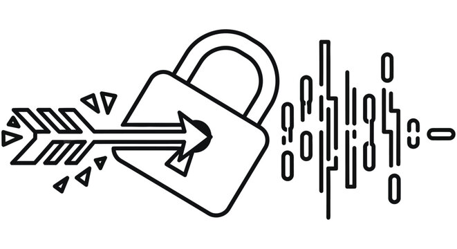 A padlock pierced by an arrow overlaid with binary code representing data security