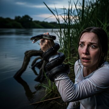 Woman Terrified by Snake Near Water.