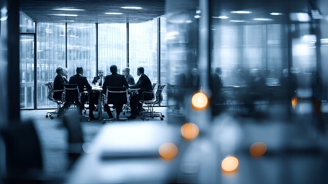 A group of executives are having a serious discussion around a conference table in a modern office building with large reflecting city view.