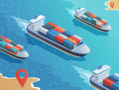 Isometric cargoship vector illustration of cargo boats
