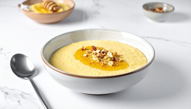 Cornmeal mush with honey. Healthy gluten free breakfast bowl with almond toppings on a white table.