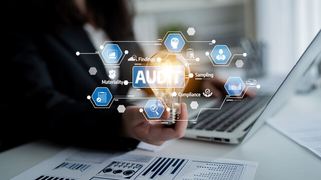 A professional setting highlighting a digital representation of the audit process, showcasing key elements like compliance and findings amid a busy office space. Tessel